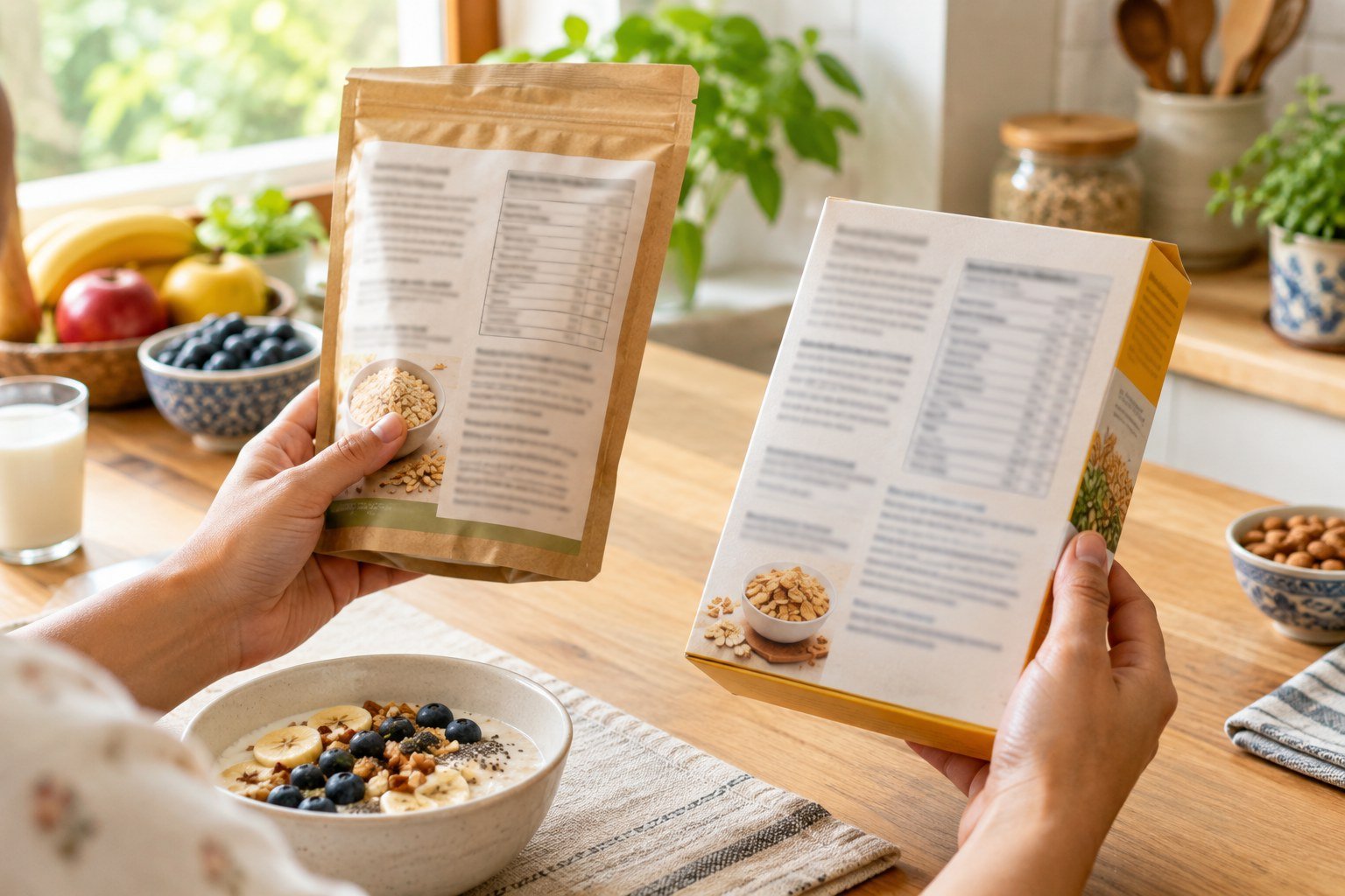 Hands comparing the ingredient and nutrition labels on two generic packaged breakfast products