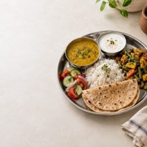 A colorful Indian home-style balanced meal with dal, brown rice, seasonal vegetables and curd