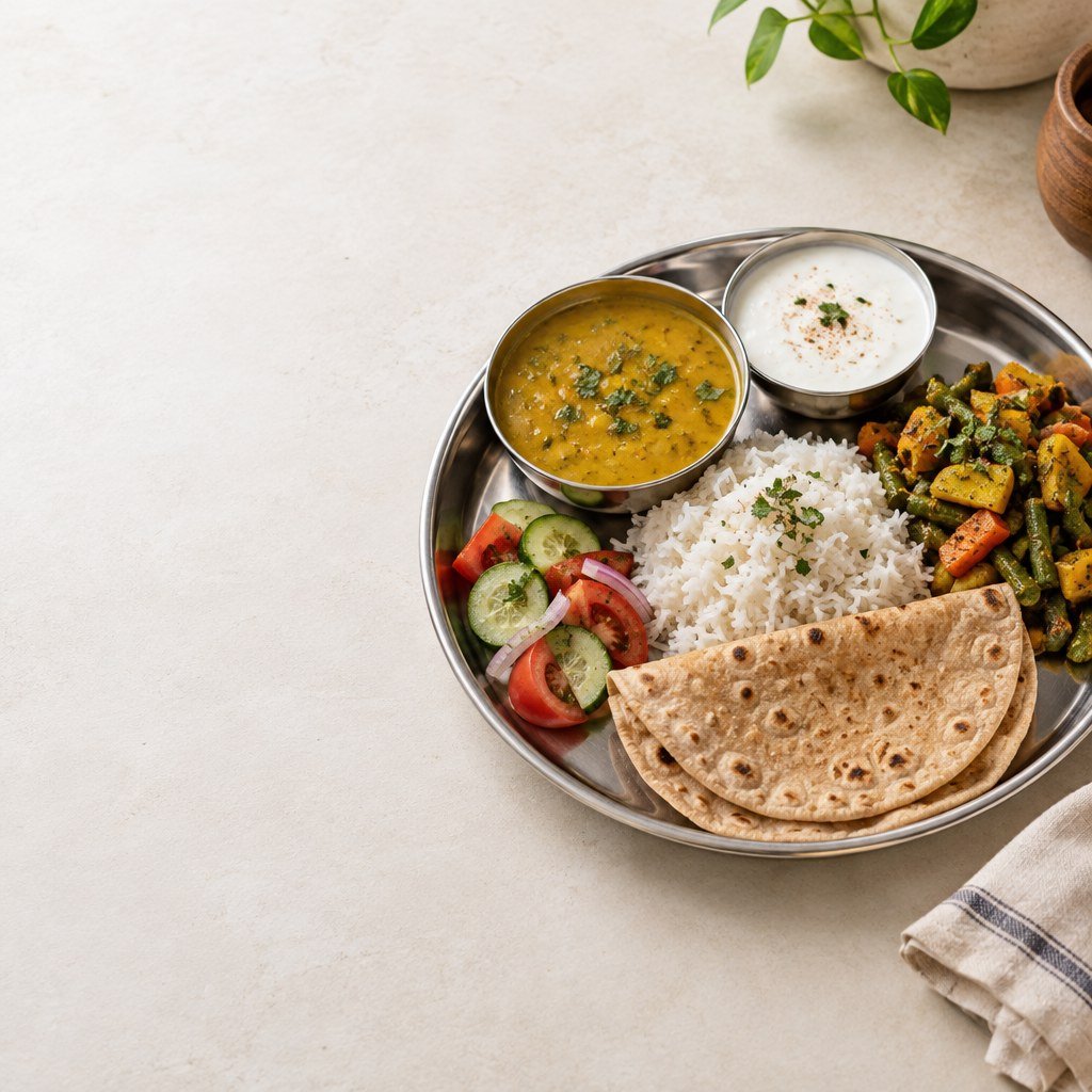 A colorful Indian home-style balanced meal with dal, rice, vegetables, roti and curd