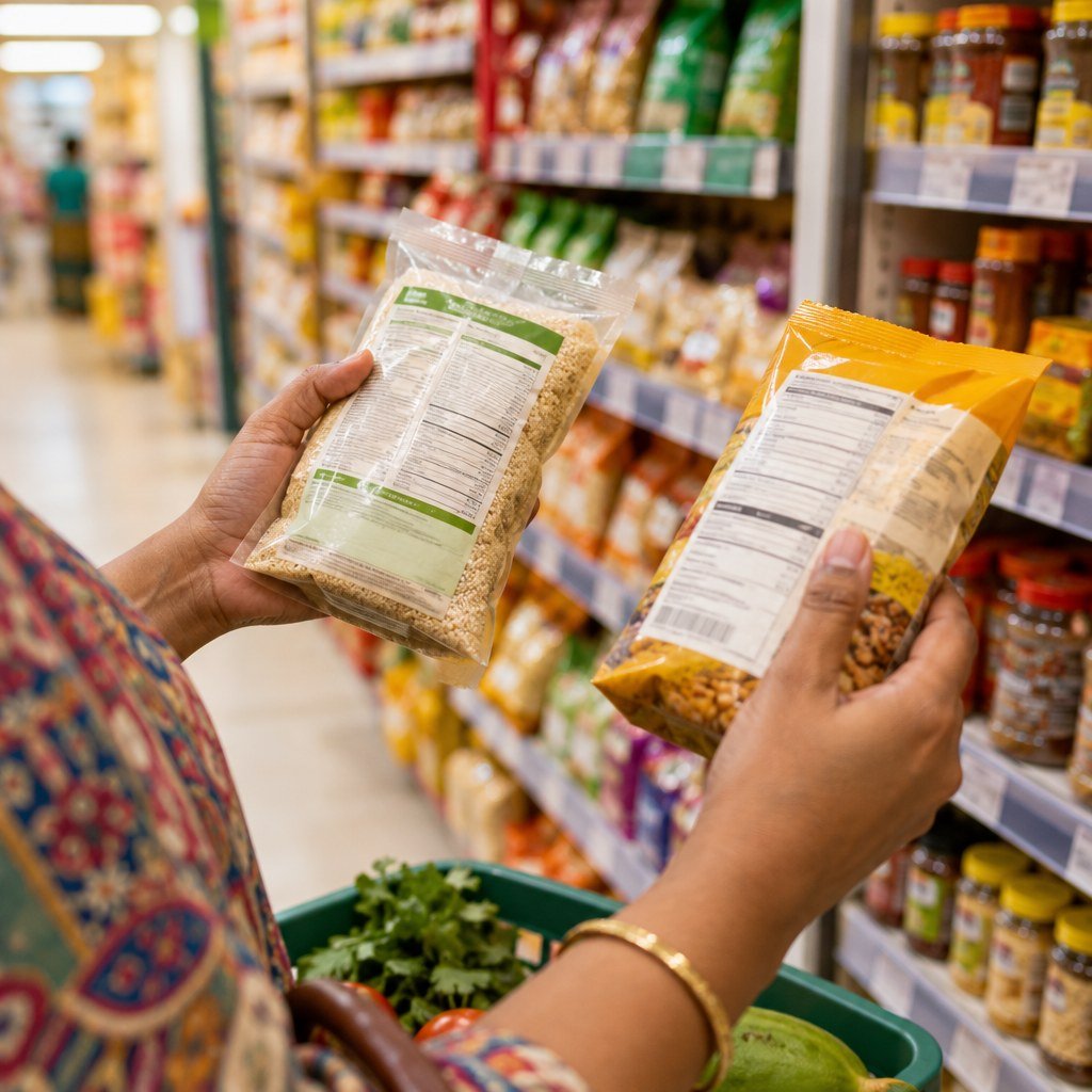 A shopper comparing ingredient labels on packaged food in an Indian grocery store