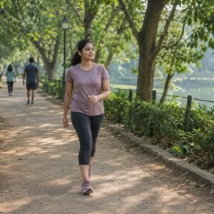 A beginner runner walking on a shaded park path in India in the early morning