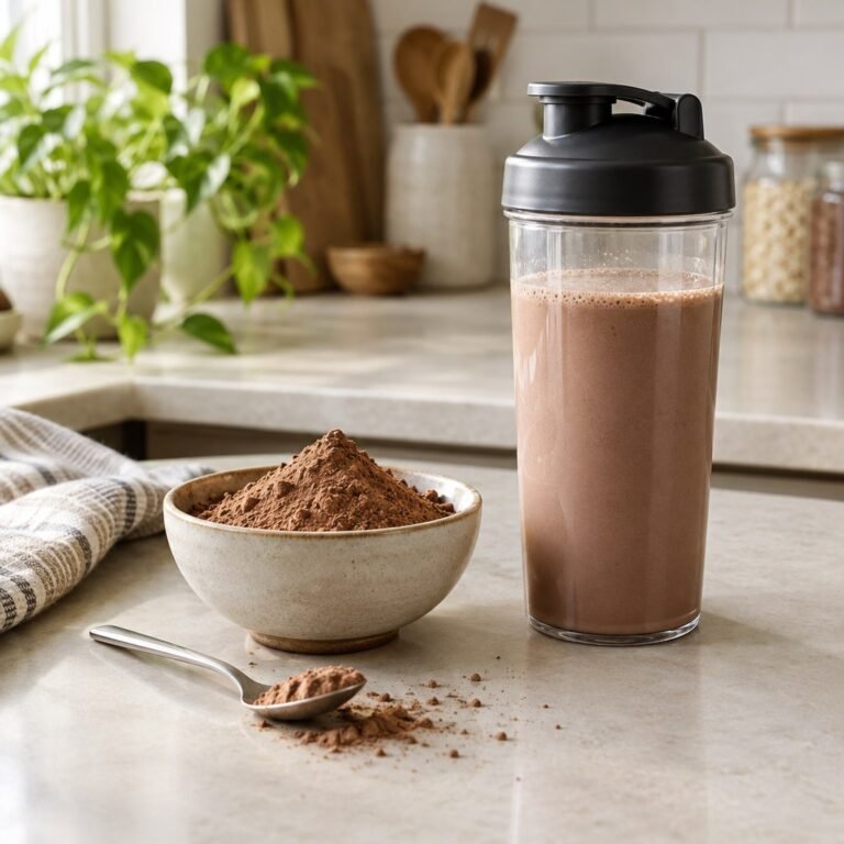 Unbranded cocoa whey protein powder with a glass shaker, illustrative image only