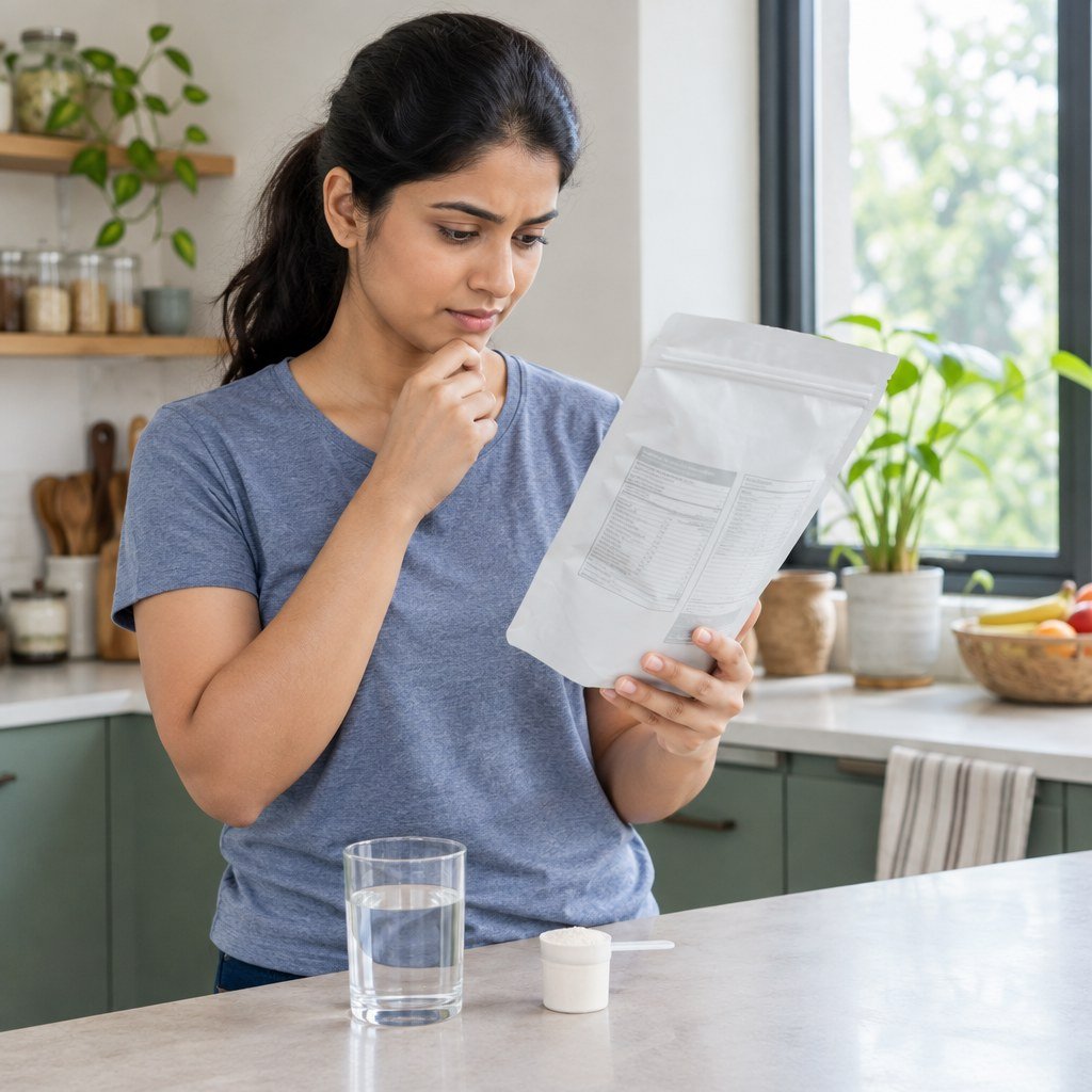 A shopper checking an unbranded whey protein ingredient and nutrition label